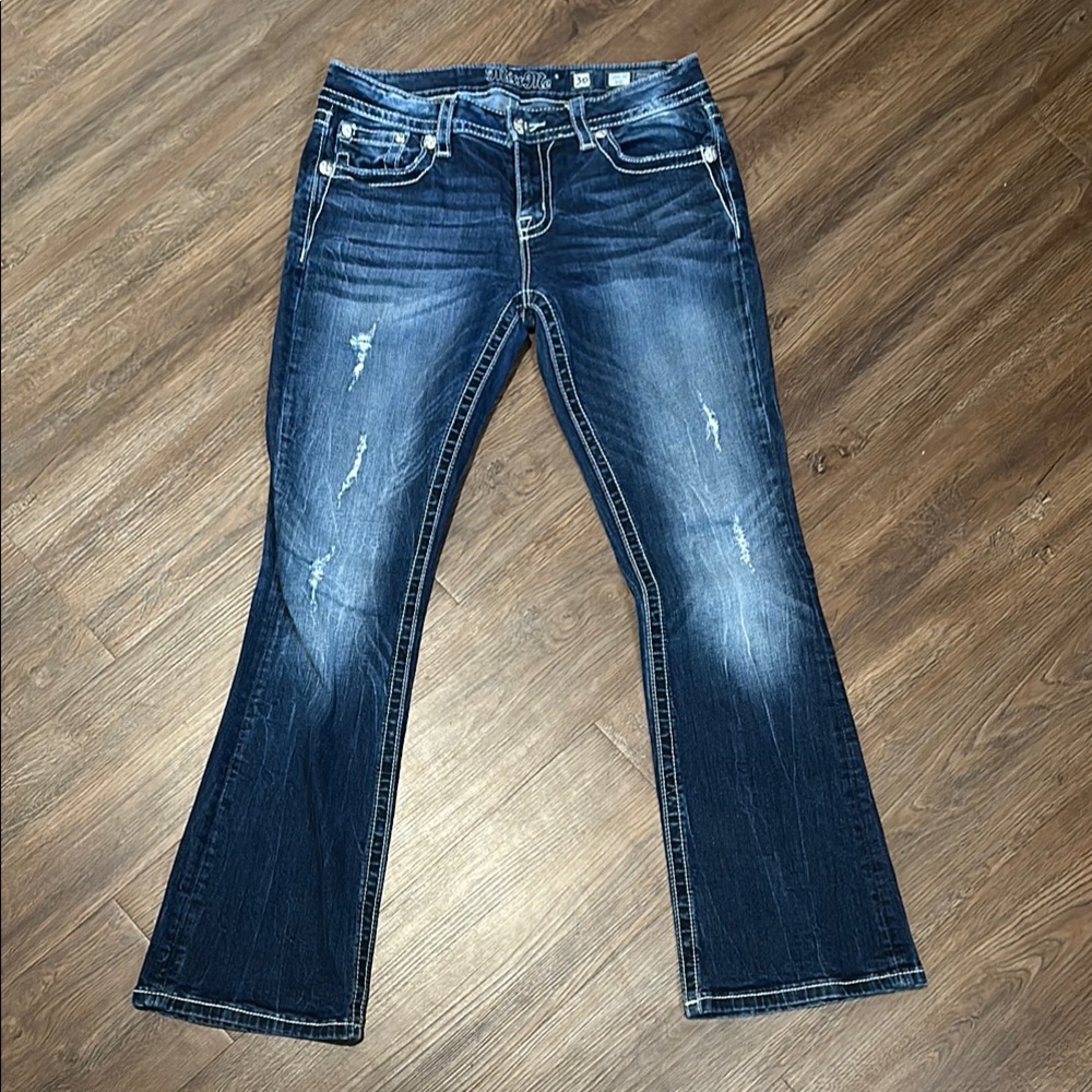 Miss Me Blue Flare Wide Leg Jeans with Faded Distressing